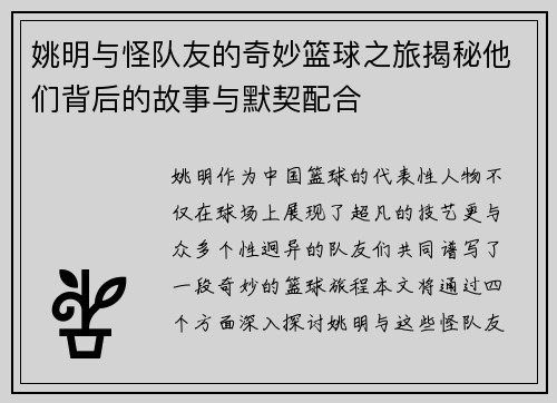 姚明与怪队友的奇妙篮球之旅揭秘他们背后的故事与默契配合
